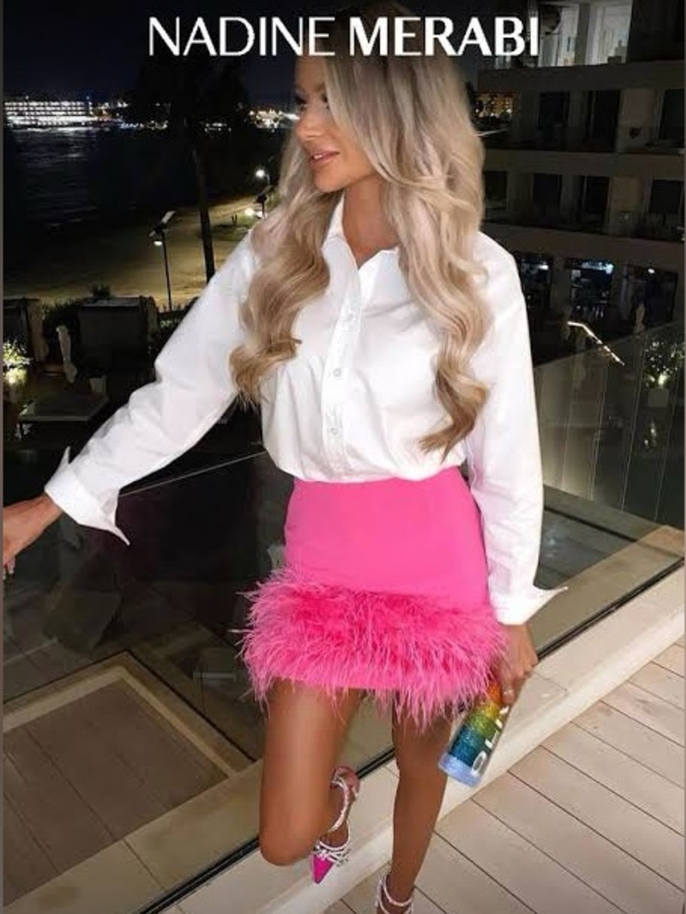 Nadine Merabi Mia Pink Feather Skirt, BNWT. Size L.
